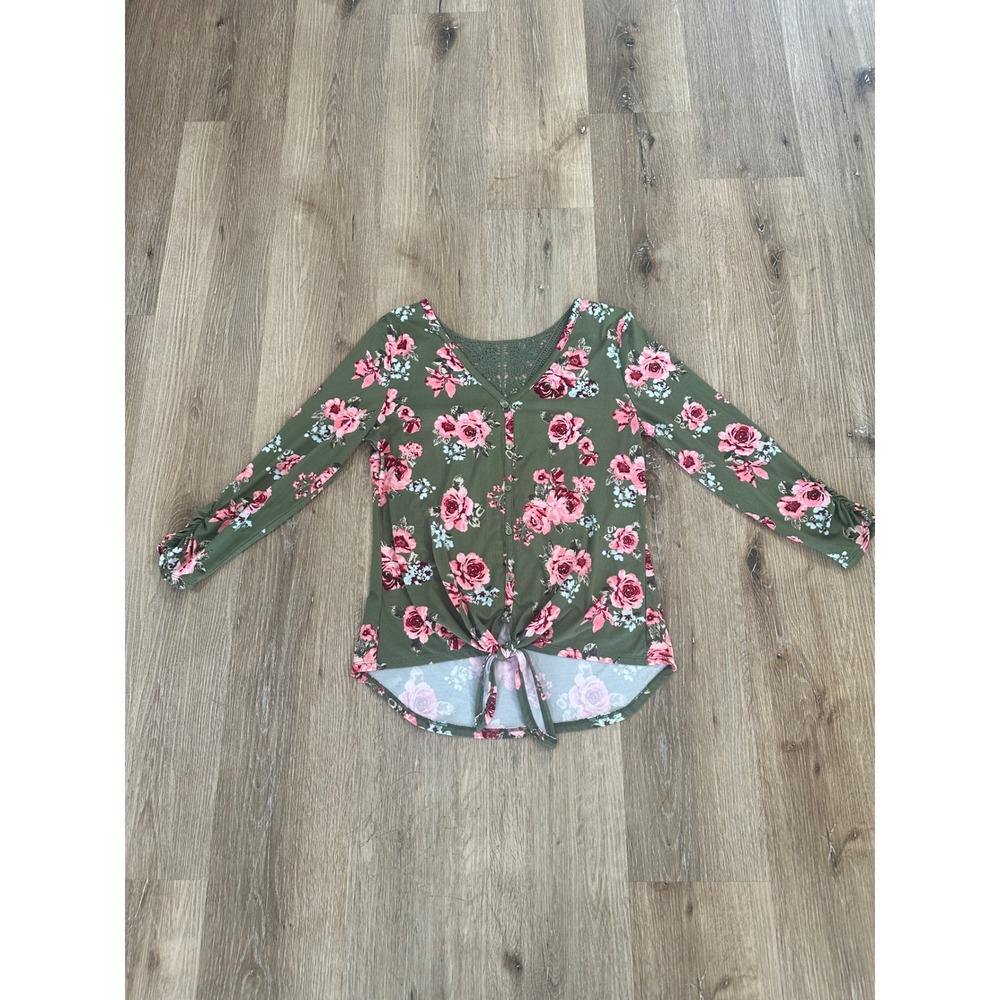 No Boundaries Olive Green Floral Tie Front Top Lace Back NJ19T395M L‎ 11-13